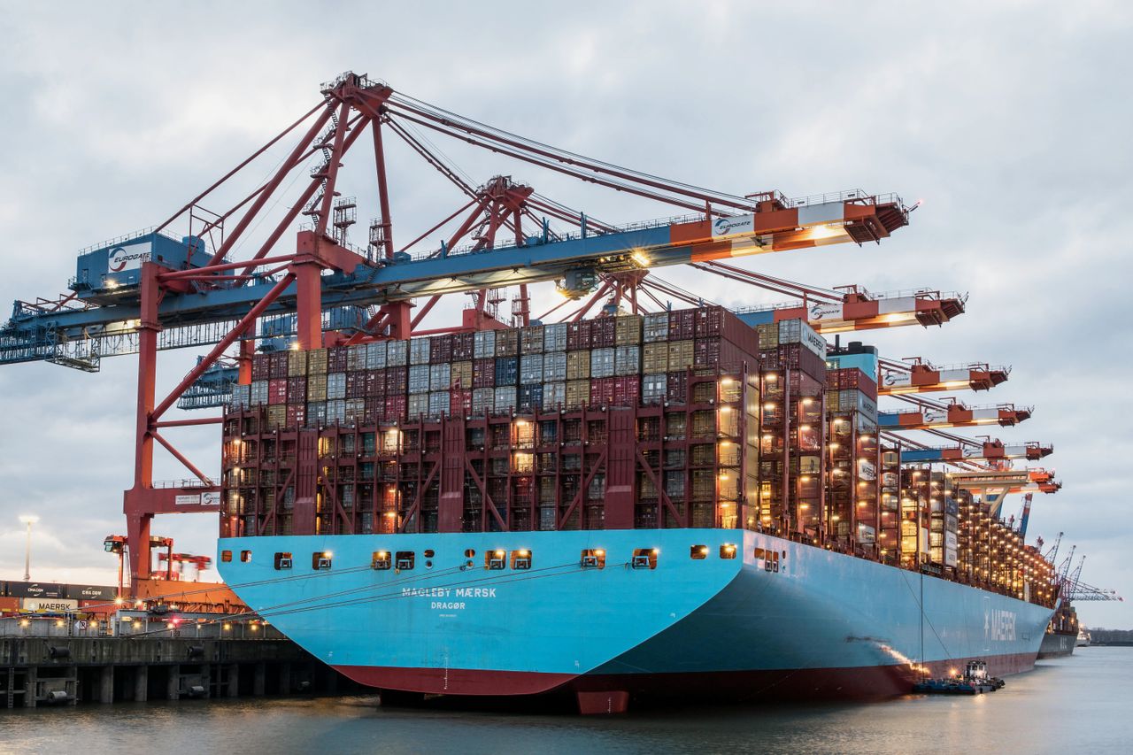 Large container ship at Hamburg port with cranes, showcasing global trade industry.